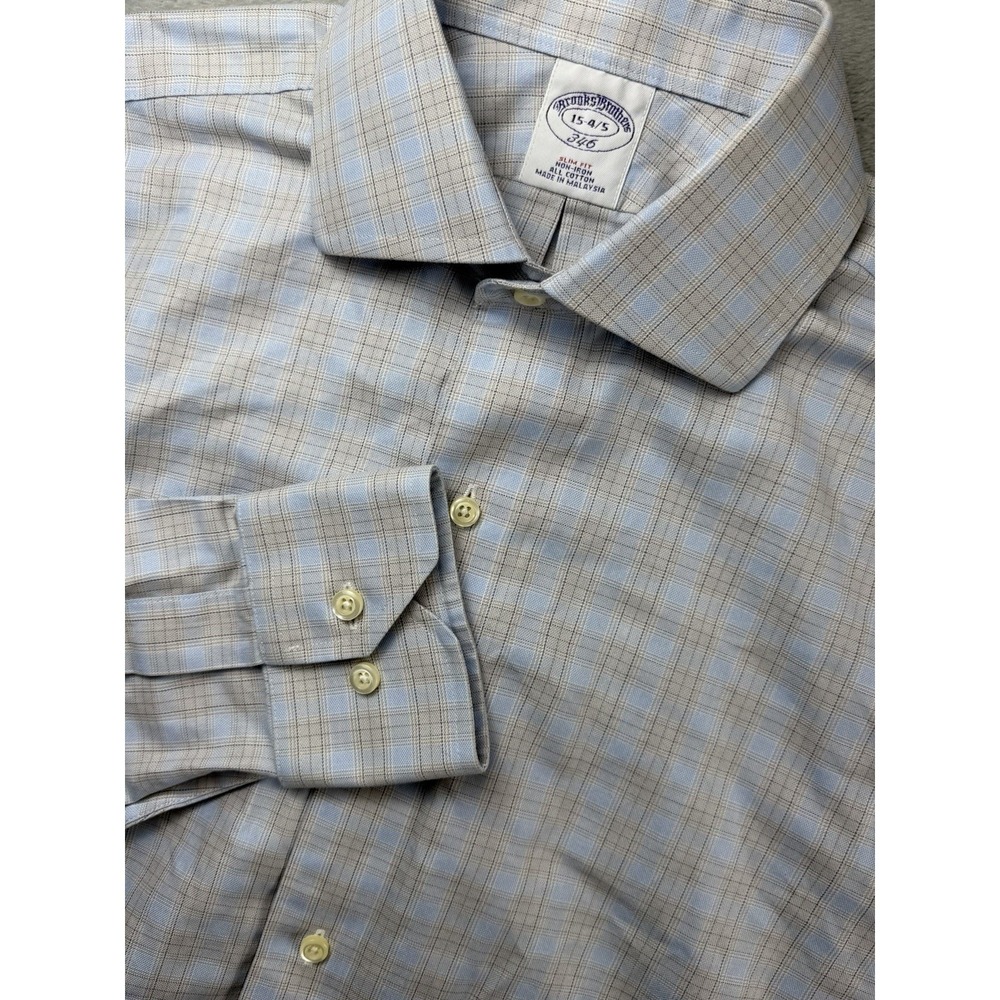 Brooks Brothers Dress Shirt Mens 15-4/5 Slim Fit Button Down Blue Check Non-Iron